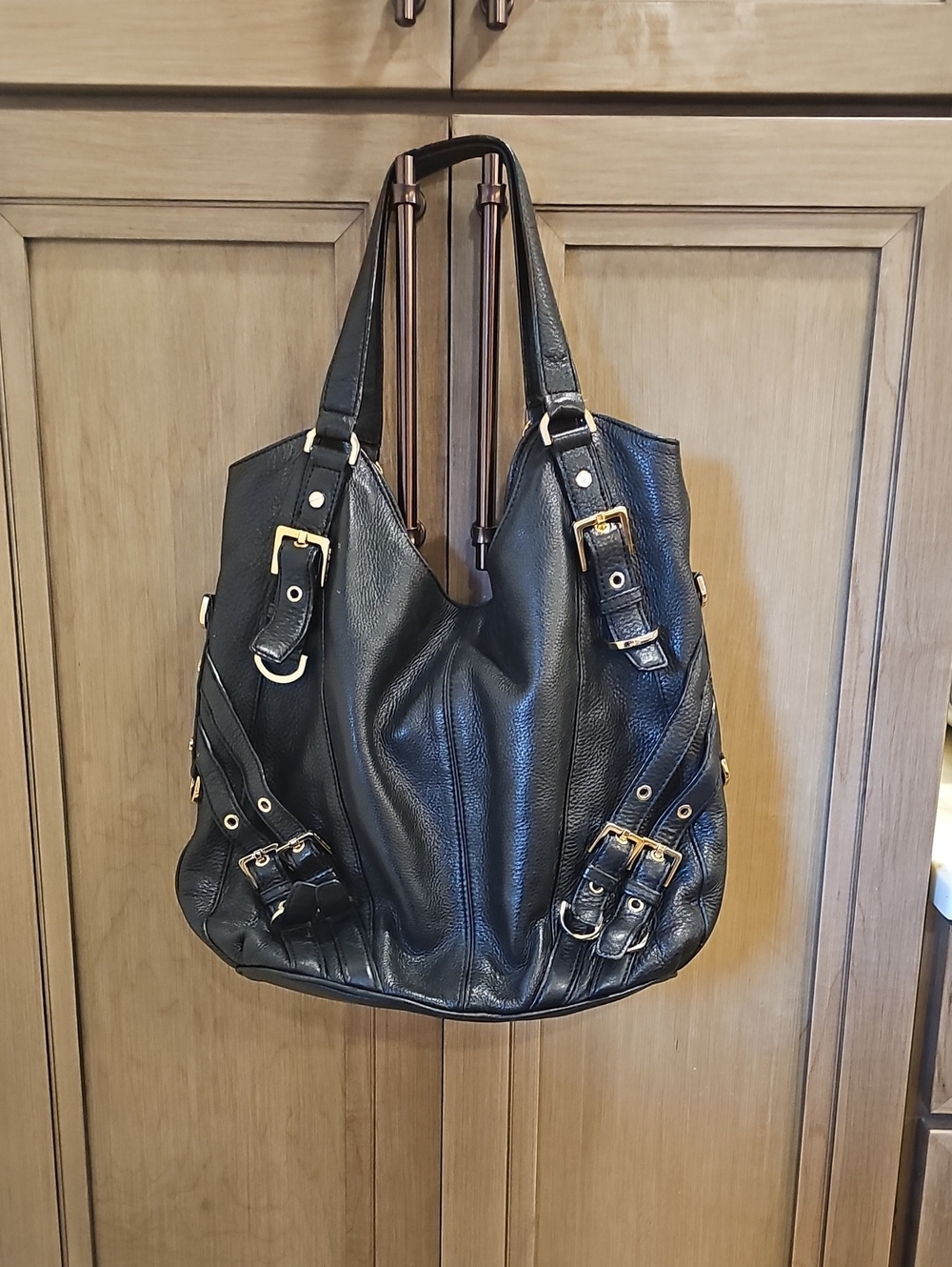 MICHAEL Michael Kors black grain leather hobo shoulder bag tote